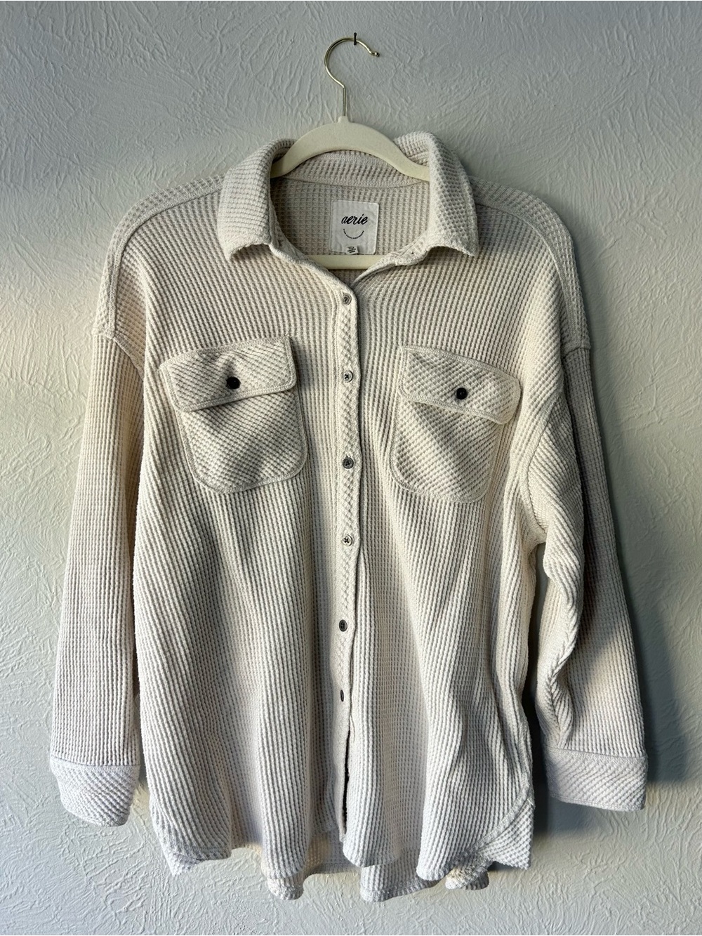 aerie Cream Ribbed Button-Up Shacket